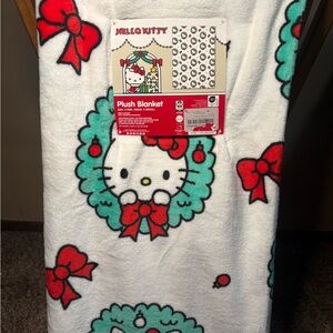 Hello Kitty White Plush Blanket with Red and Green Accents